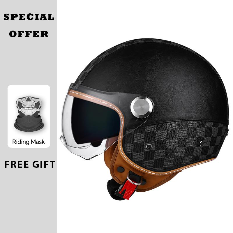 Classic White Green Stripes Open Face Motorcycle Helmets Leather Jet Moto Helmet with Daul Lens Electric Scooter Racing Helmet