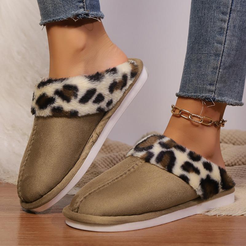 Модные леопардовые замшевые комбинированные хлопковые тапочки Зимние новые с круглым носком Глубокий вырез Противоскользящая износостойкая мягкая подошва Балетки