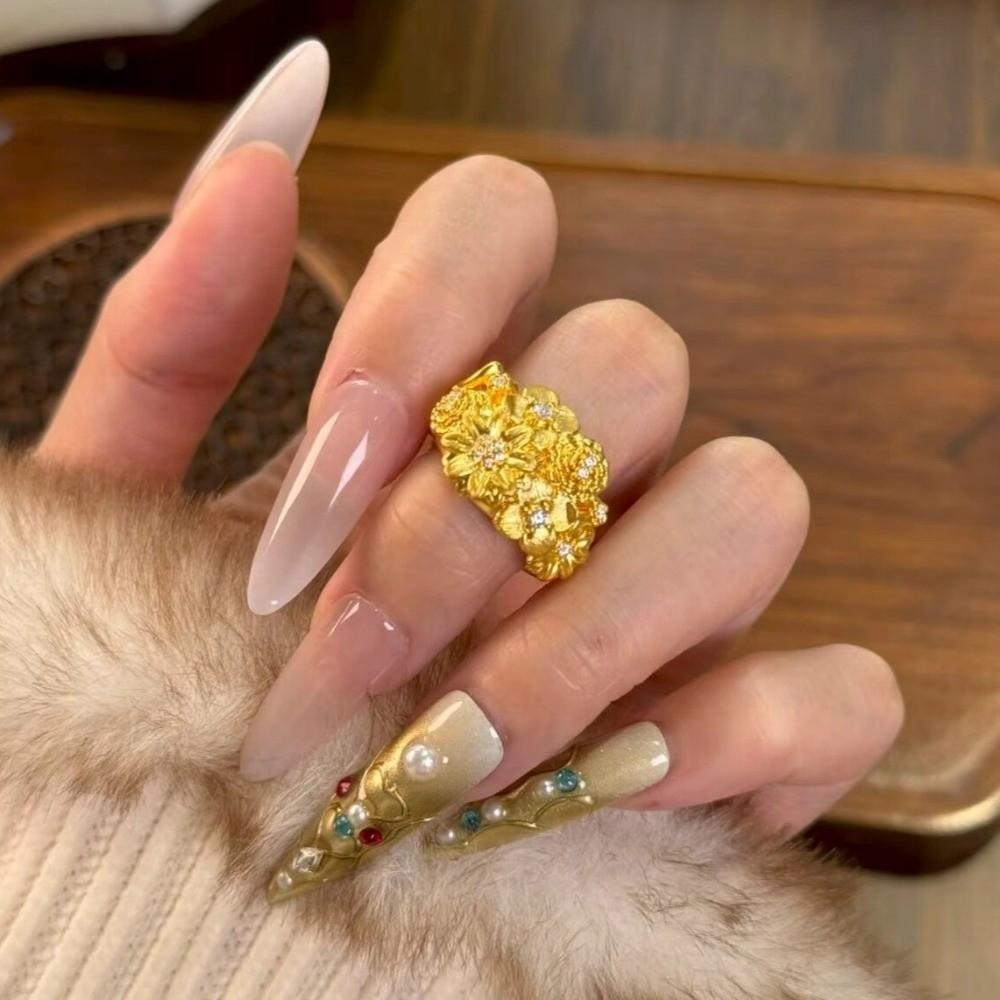 Glittering Rhinestone Accent Ring Luxury Gold Plated Ring Floral Adjustable Ring Birthday Gift