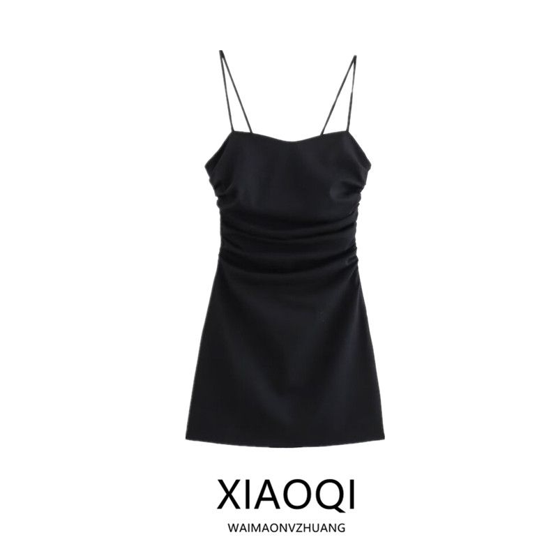 Fashion Style 2024 Summer New Arrival Women's Sling Open Back Linen Blended Mini Ruched Dress 3196729