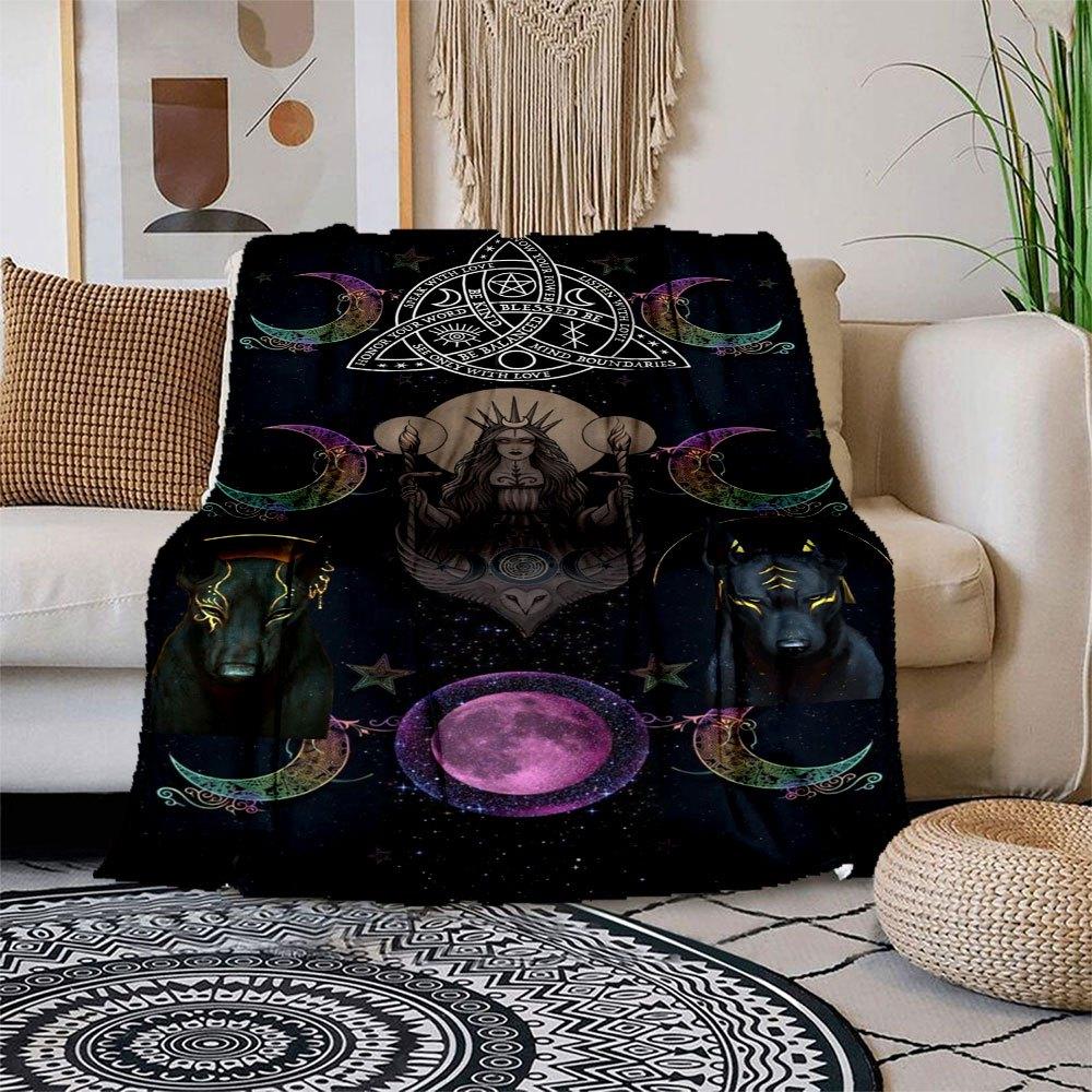 " moon phase goddess and dogs wallpaper "Blanket Flannel Throw Blanket for Sofa, Bed, Travel, Camping, Office