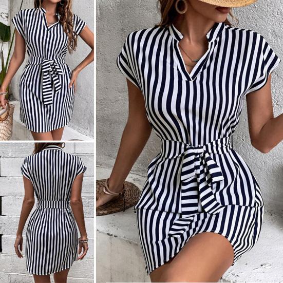 V-neck Sleeveless Waist Tight Ties Short Dress Vertical Striped Print Office Vacation Dress