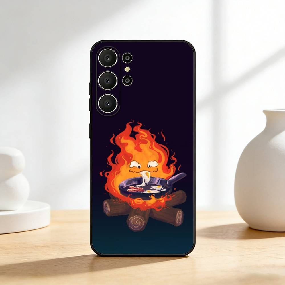 Аниме Милый Чехол-Калцифер-ЕС для Телефона Samsung S26,S25,24,23,22,30,21,10,9,Ultra,Plus,Lite,FE Мягкий Черный Чехол