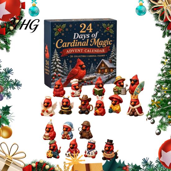 PVC Action Figures Red Bird Christmas Advent Calendar, 24 Unique Miniature Holiday Ornament Set Figurines, Tree Hanging Ornaments for Gifts Desk Decor