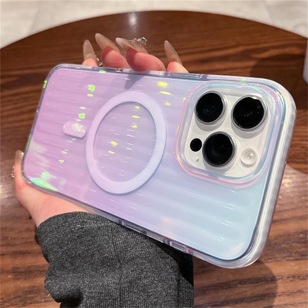 Роскошный Лазерный Градиентный Полосатый Магнитный Чехол Aurora Для Magsafe Для iPhone 17 15 14 13 16 Pro Max Plus Беспроводная Зарядка Чехол