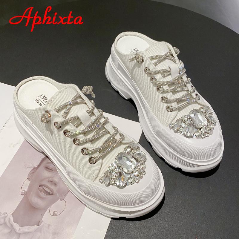 Fashion Aphixta Luxury Crystals Lace-up Toe Platform Slippers Women Rhinestone Slides Canvas Bling Shoes Wedge Thick Sole Slides