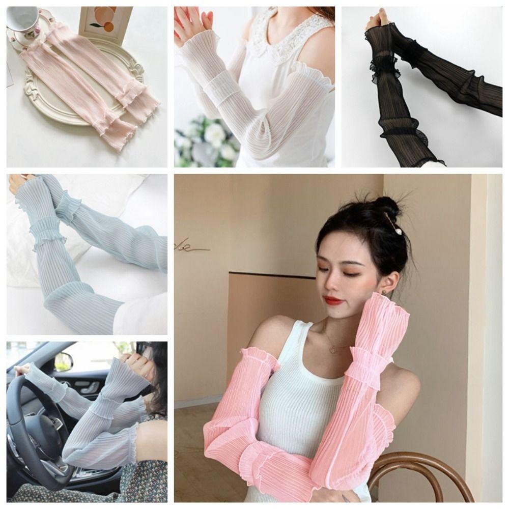 Кружевные солнцезащитные нарукавники, эластичные перчатки для велоспорта, симпатичные нарукавники из ледяного шелка для вождения