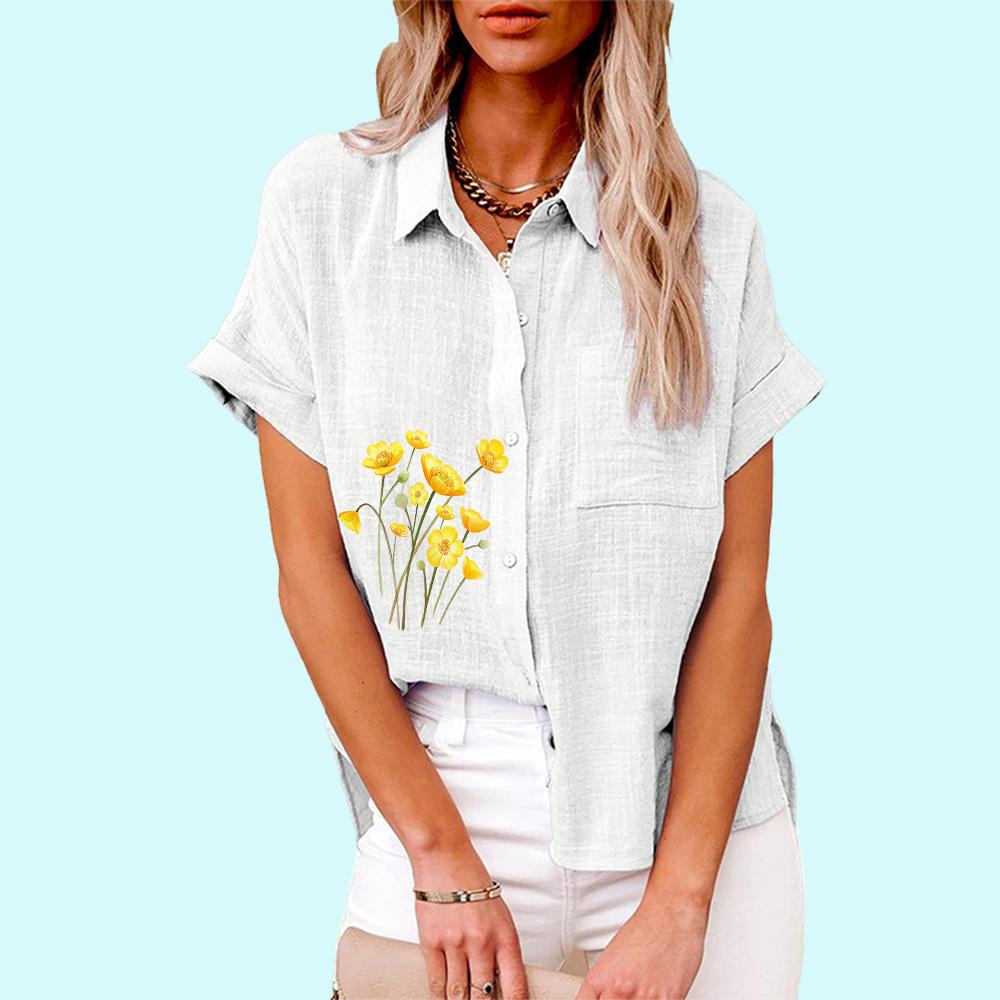 Большие размеры Женская мода цветочный принт блузка повседневная льняная футболка женская свободная рубашка с коротким рукавом на пуговицах
