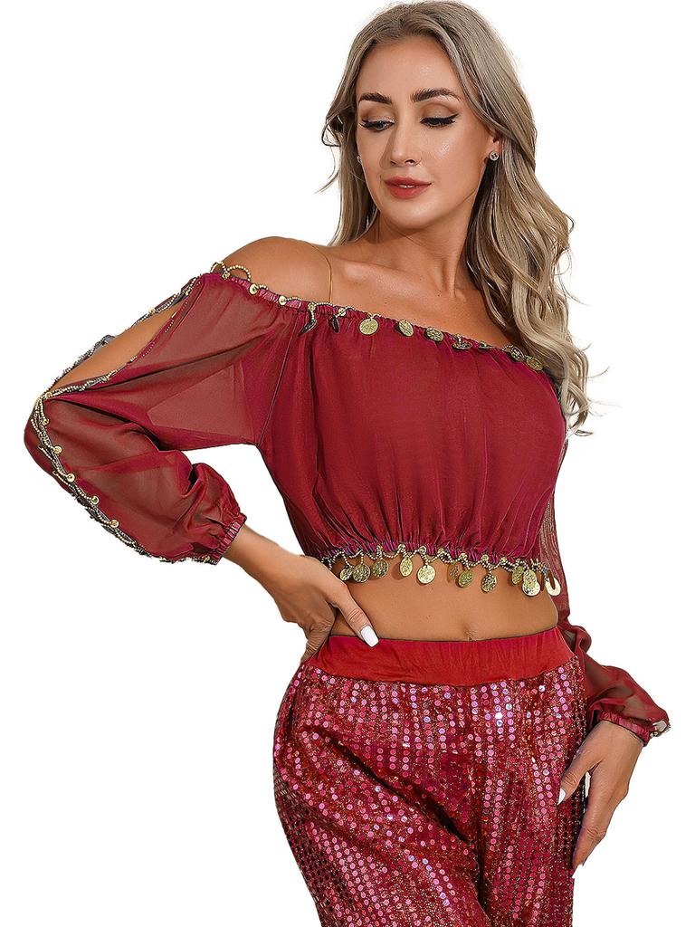 Женский костюм для танца живота с открытыми плечами и пайетками, укороченный топ с длинными рукавами, струящаяся шифоновая юбка, сценический костюм