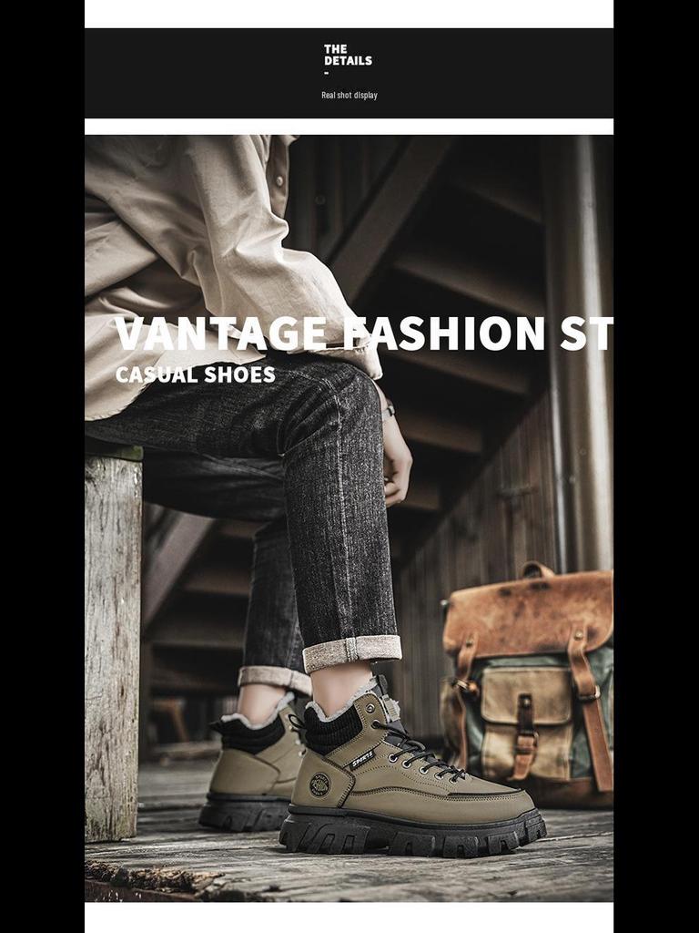 Men's High-Top Martin Boots - Velvet Winter Work Shoes, Retro Style with Thick Soles and Warm Cotton Lining.