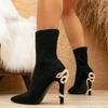 Классика Флок Женская обувь Черные ботильоны Женские Элегантные Сексуальные Острый носок Стразы Шпилька Высокий каблук Эластичные Носки Ботинки