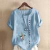 Women's Fashion Round Neck Short Sleeve T-shirt Casual Cotton Linen Graphic Shirt Leisure Loose Dragonfly Prined Summer Blouse Tops