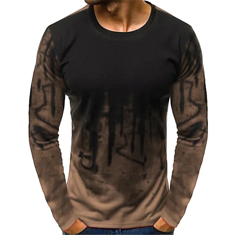 Мужская хлопковая футболка с графическим цветным блоком, круглым вырезом, 3D-принтом, повседневная одежда с длинным рукавом и принтом, винтажный повседневный топ для мужчин