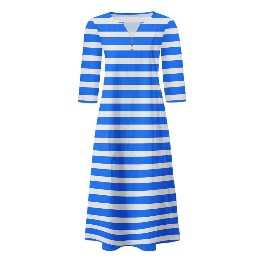 Женское летнее повседневное платье с V-образным вырезом на пуговицах, винтажным цветочным принтом, рукавом три четверти, длинное, с карманами