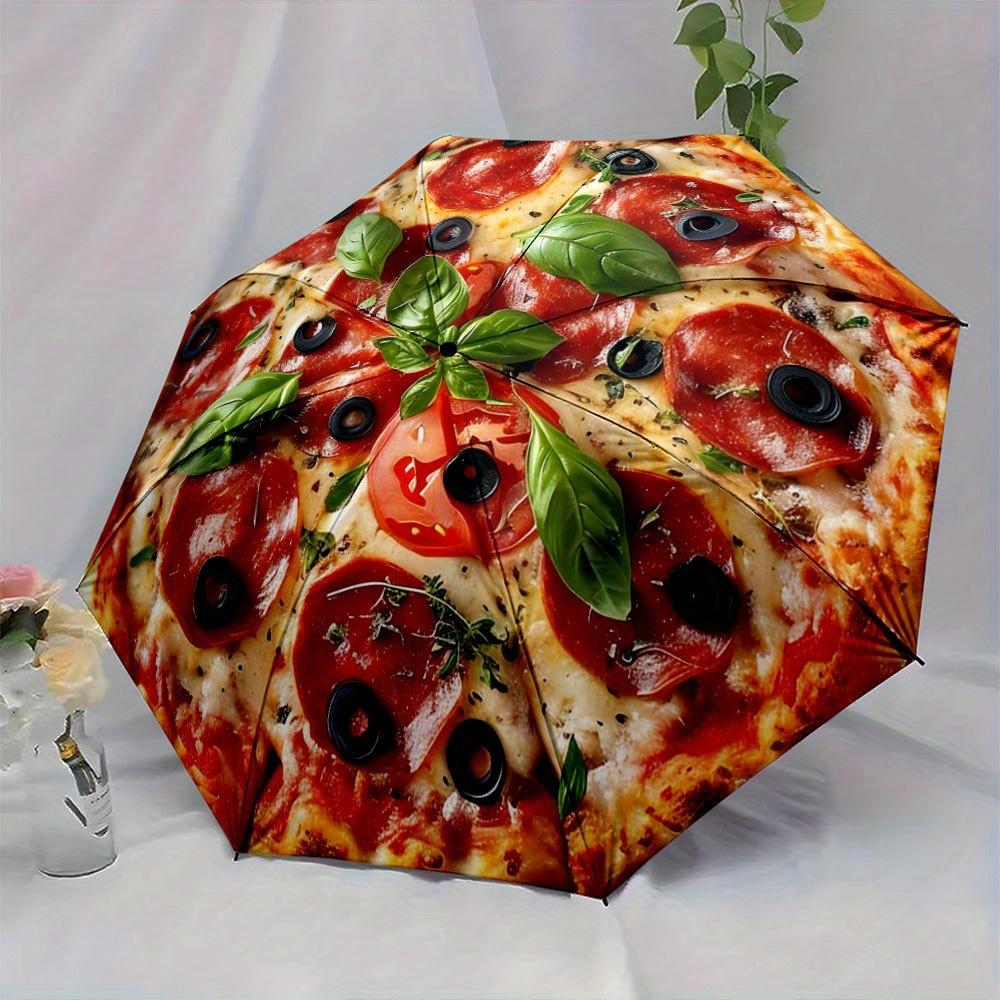 Pizza-Themed Folding Umbrella with Open/Close - Italian Design (Basil, Pepperoni, Olives, Tomato) - Compact Travel Umbrella wi