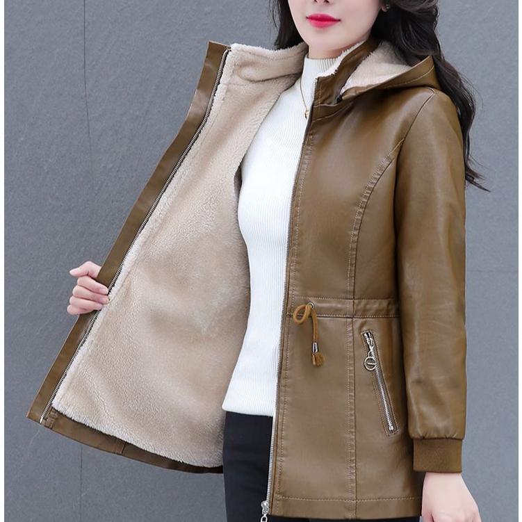 Autumn Winter Women's Fleece Leather Jacket Slim Plus Velvet Hooded Leather Biker Jacket Thick Flocked Leather Coat