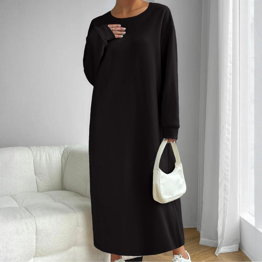 Женское модное однотонное платье с длинным рукавом и круглым вырезом