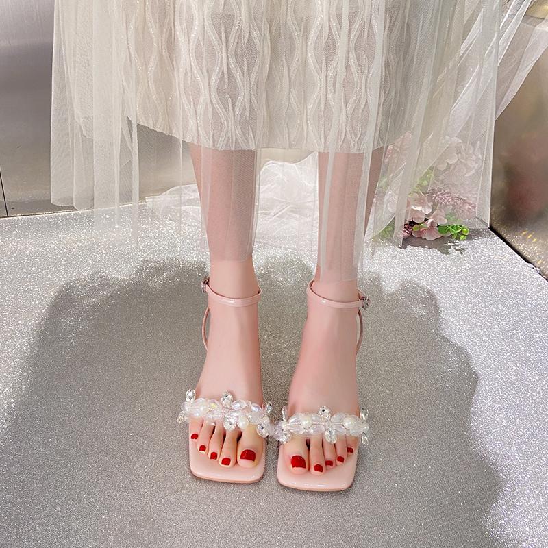 Модная обувь для женщин Летние новые босоножки со стразами с квадратным носком Женская модная обувь с открытым носком Сексуальные элегантные повседневные вечерние босоножки на высоком каблуке