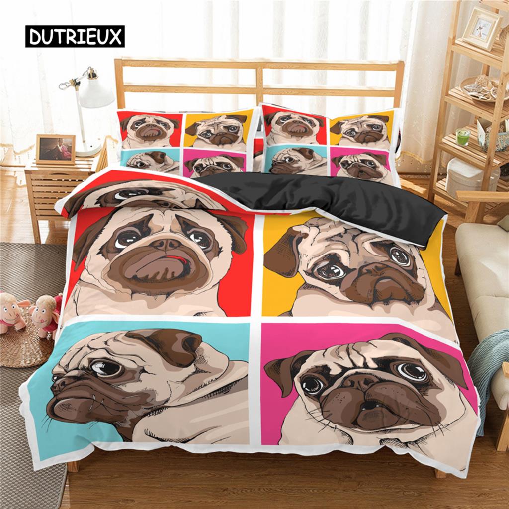 Cute Animal Bedding Set Cartoon Pug Dog Duvet Cover Sets Kids Comforter Cover Queen King Twin Single Size Polyester Quilt Cover