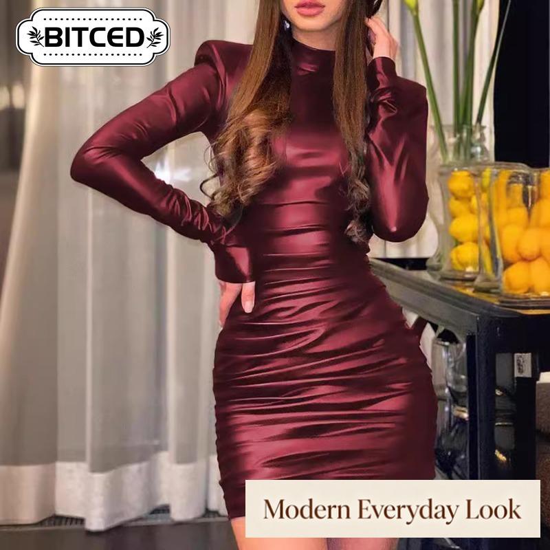 BITCED Женская мода осень-зима сплошной цвет печати с длинным рукавом и круглым вырезом повседневные платья