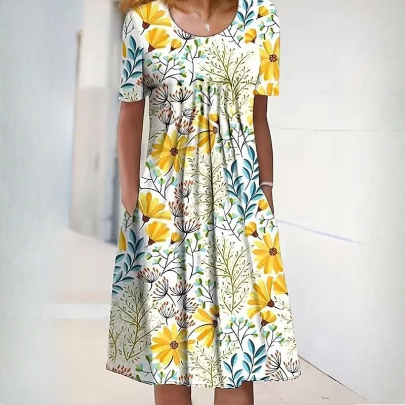 Женская мода лето весна однотонный принт с коротким рукавом и круглым вырезом с высокой талией повседневные платья