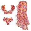 2024 New Retro Double Layer Ruffled Shoulder Straps Flower Print Bikini Swimsuit and Sarong