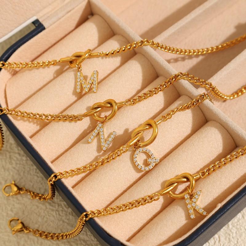 26 Alphabet Letter Bracelet With Rhinestone Accents Titanium Steel Chain Women Fashion OL Style Gold Tone