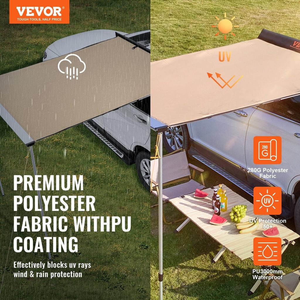 Car Side Awning, Large 6.6' x 8.2' Shade Coverage Vehicle Awning, PU3000mm UV50+ Retractable Car Awning with Waterproof Storage Bag, Height