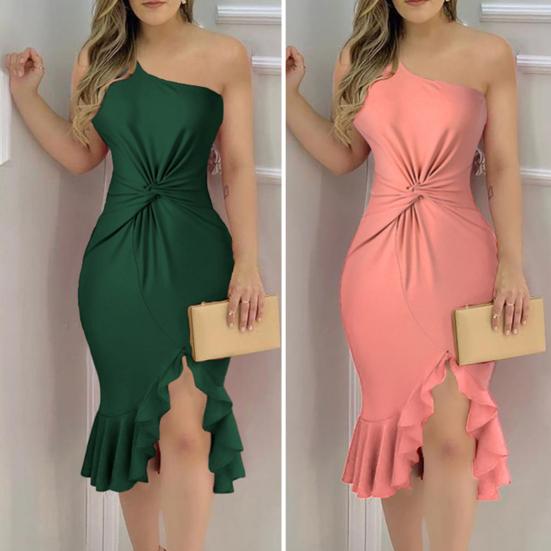 Облегающее платье с разрезом, неровный подол, с рюшами на талии, на одно плечо, без рукавов, женское платье с дырявой спиной, платье средней длины с запахом на бедрах, праздничные атрибуты