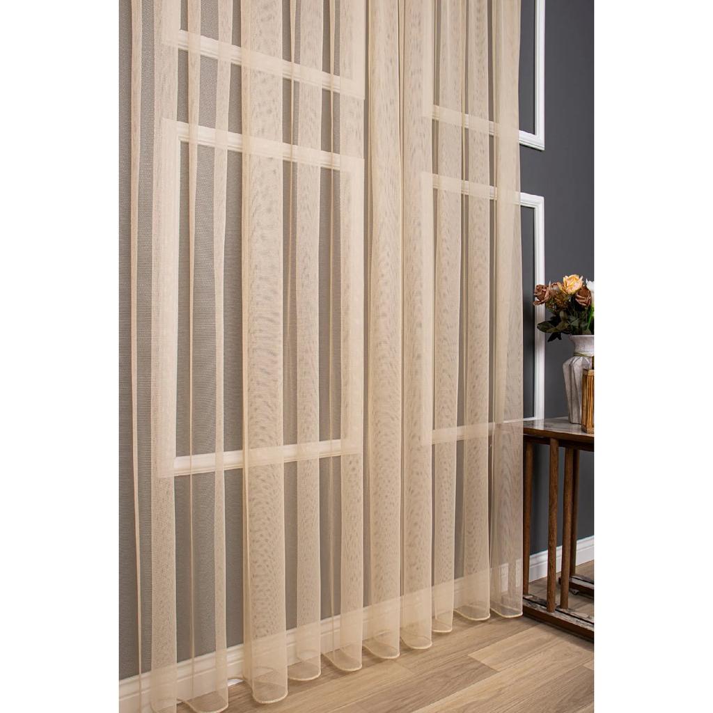 Crown Beige Plain Color Tulle Curtain Pleele Flat Strains, Extrafor Shirin, Single Wing