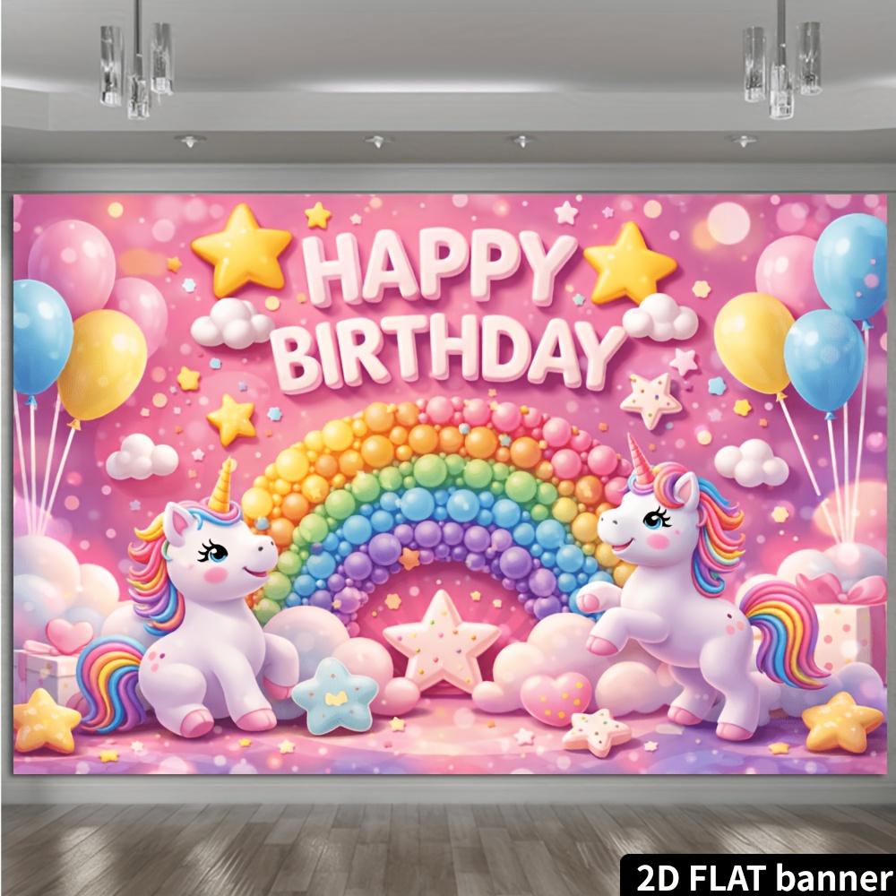 2D flat unicorn candy rainbow birthday background pink background happy birthday theme