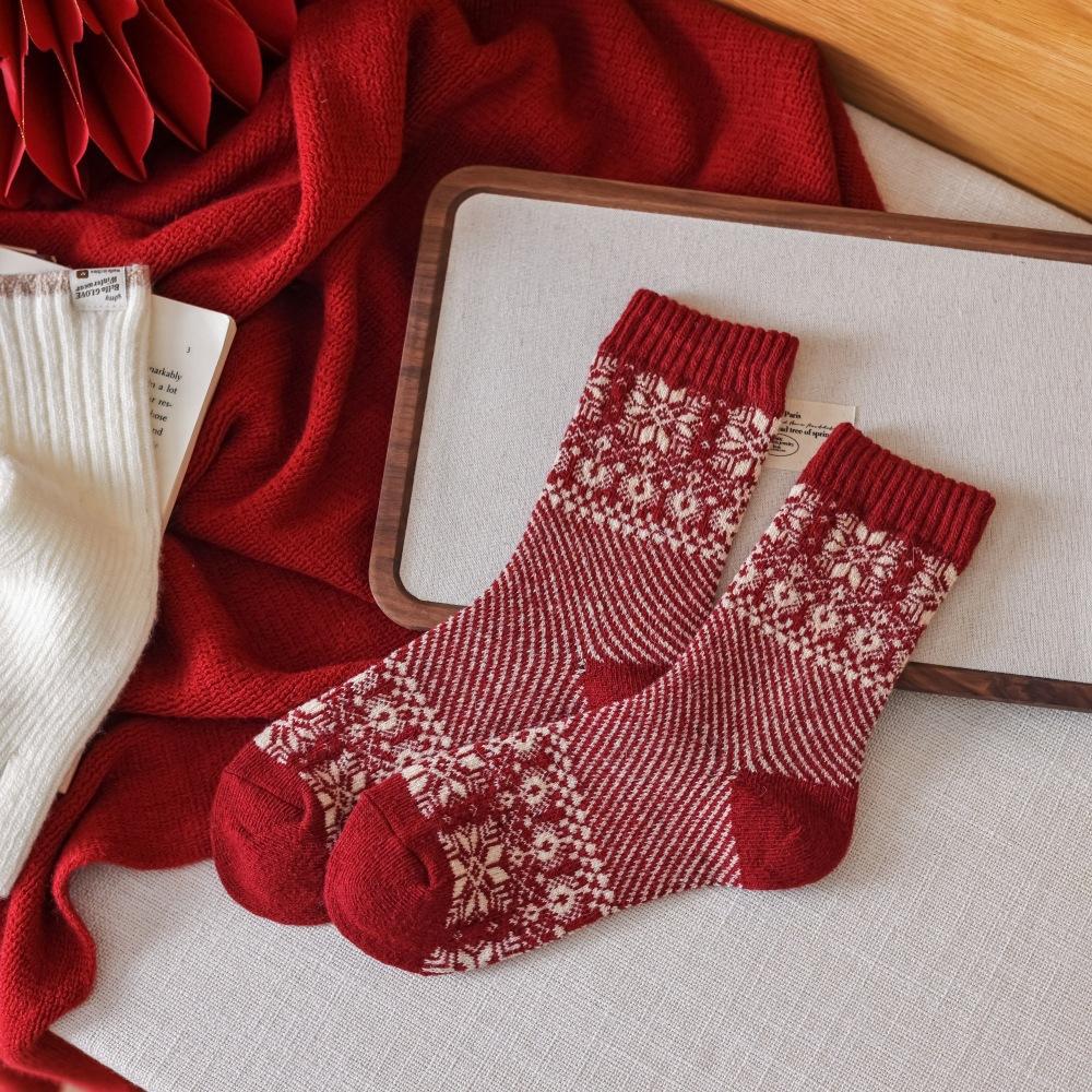 Новогодние красные носки для детей, Рождественские носки в стиле Fair Isle, Зимние толстые и теплые шерстяные носки