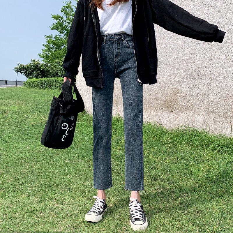 Women's High Waist Elastic Slim Fit Black and Gray Straight Jeans - Raw Edge Nine-Point Cigarette Pants for Fall and Winter