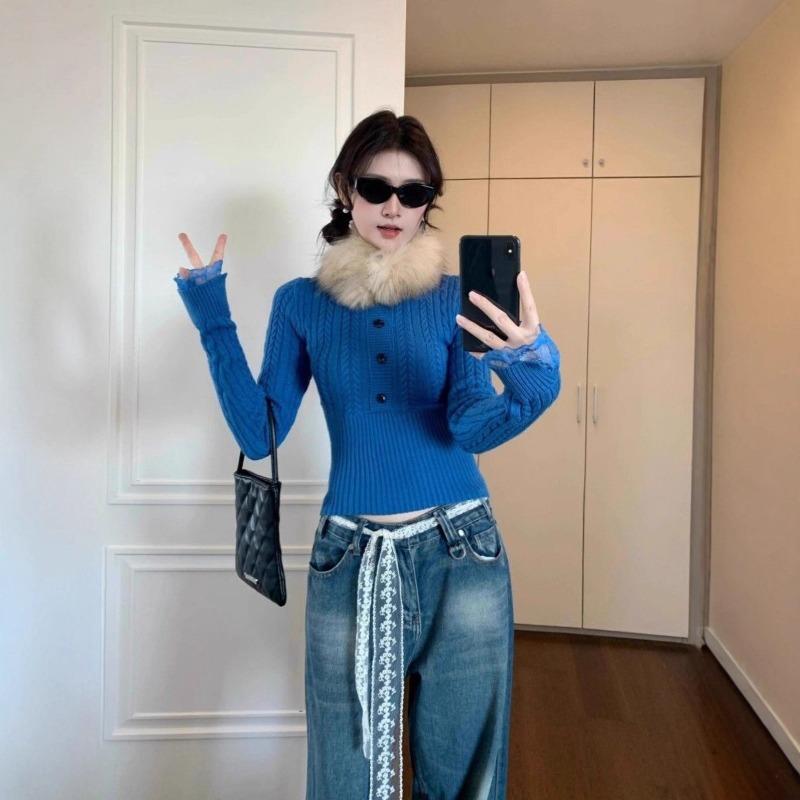 Осень и Зима Новый Горячий Девушка Приталенный Вязаный Свитер с Перекрутом и Завышенной Талией Модный Высококлассный Универсальный для Женщин