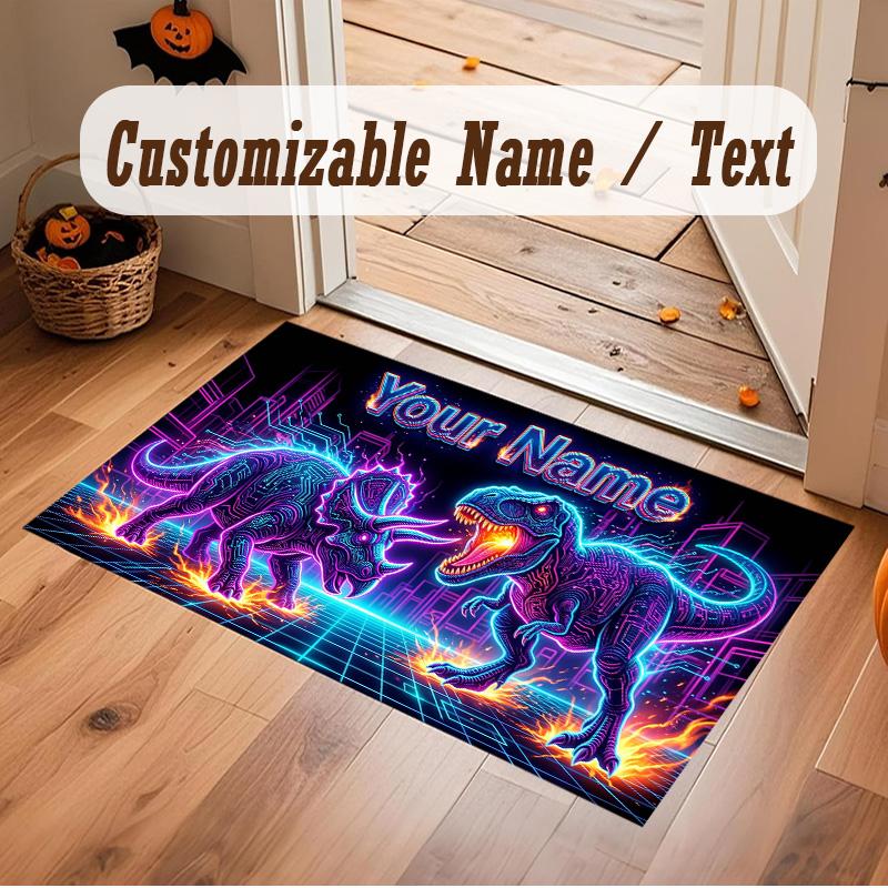 Dinosaur Theme Soft Crystal Velvet Rug Custom Name & Text Print Non Slip Floor Rug for Bedroom Living Room