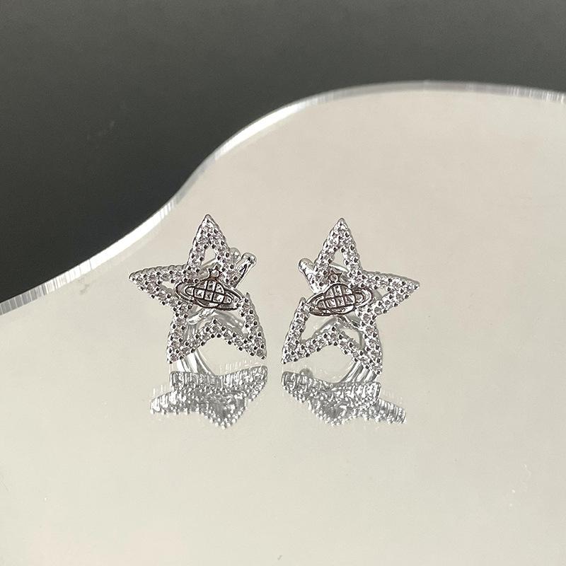 Сатурн, полный бриллиантов, Клипса-гвоздик в ушную раковину с пентаграммой, Луна и звезда, Индивидуальность, Легкая роскошь, Высококачественные серьги-гвоздики, Стиль, Нишевая мода
