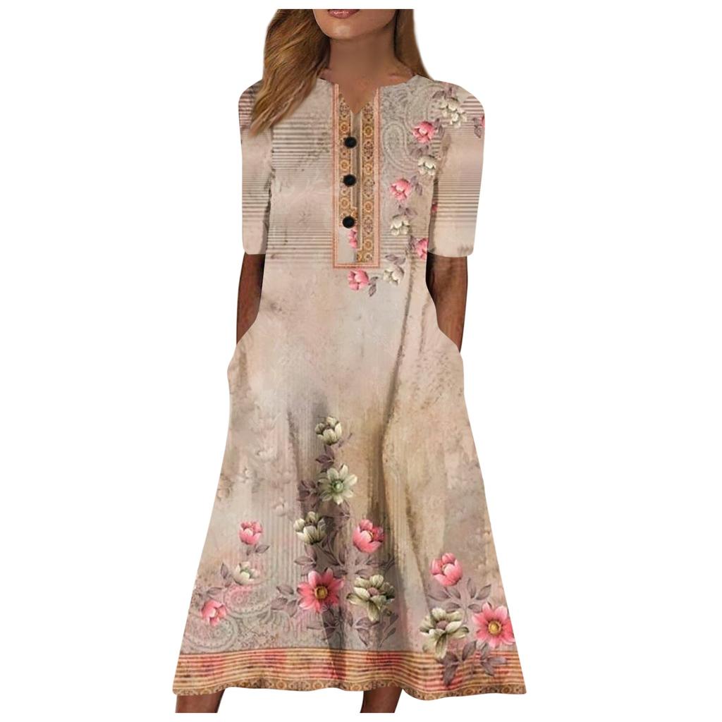 Women's Summer Casual Printing Fashion V-neck Short Sleeved Beach Swing Skirt