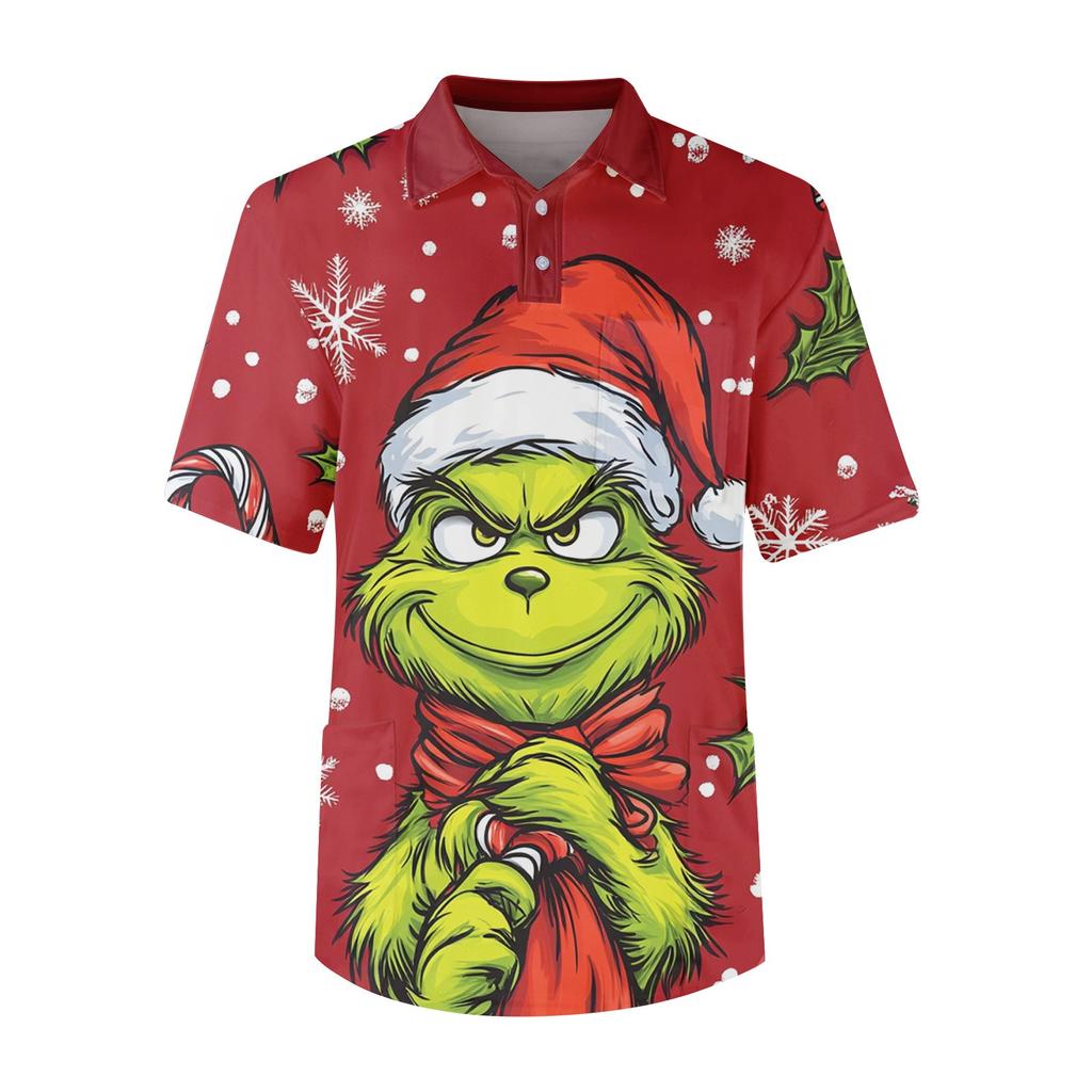 Men's Short Sleeve Button Lapel Christmas Print Chest Pocket Dry-nurse Top