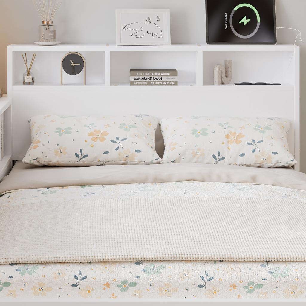 Wooden Bed 120x200 cm with Pull-Out Bed 90x190 cm, White Bed with Side Storage Shelf Mountable Left/Right, Headboard Shelf and Charging Station