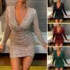 Lady Dress Sequin Low-cut V Neck Long Plus Size Sleeve Slim Fit Sheath Sexy Soft Pleated Above Knee Length