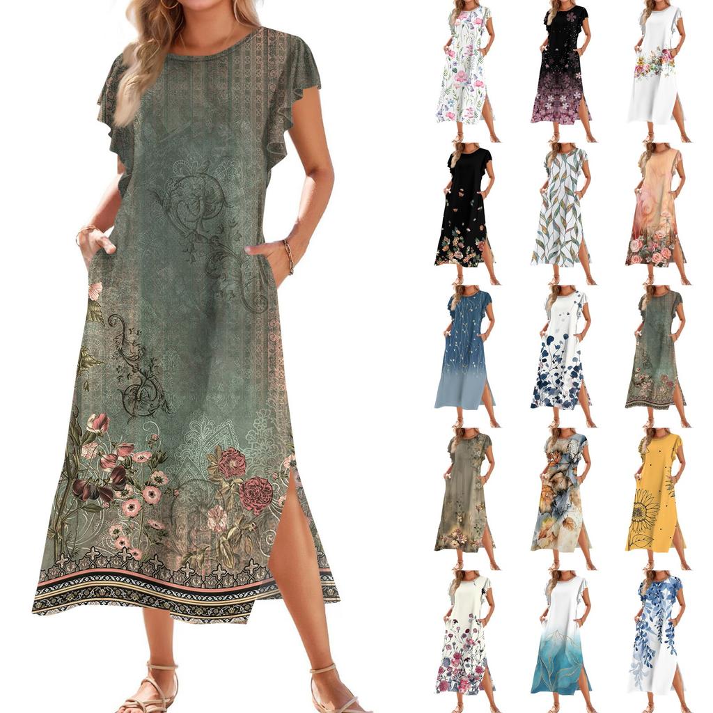 Женское модное летнее повседневное пляжное платье с плиссированными рукавами, свободным ретро-цветочным принтом, короткими рукавами, круглым завязкой и карманом