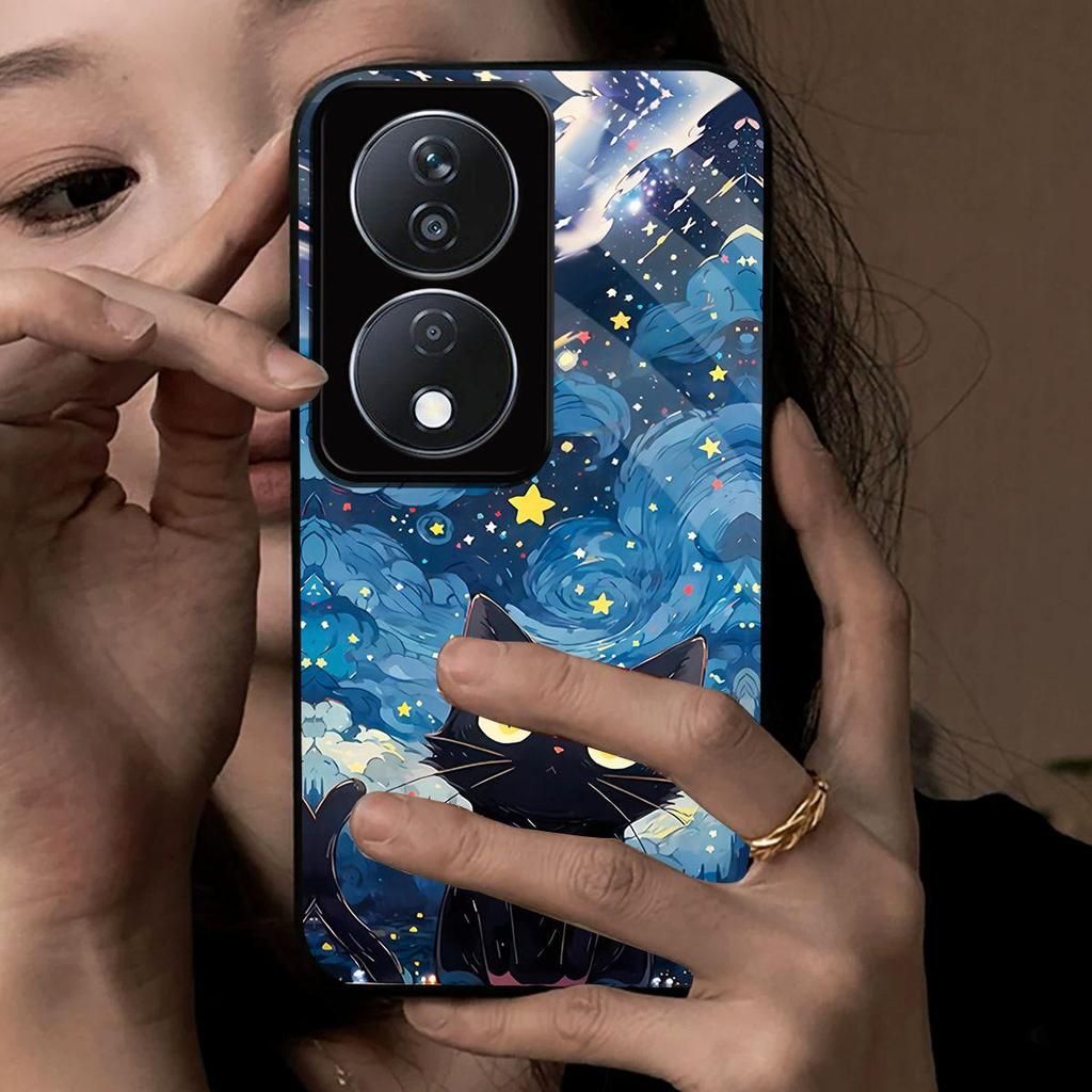 Чехол для HONOR X7b 4G/5G Аниме Черная Кошка Звездное Облако Печать Чехол для Телефона Акриловая Жесткая Задняя Панель С Гибким TPU Краем