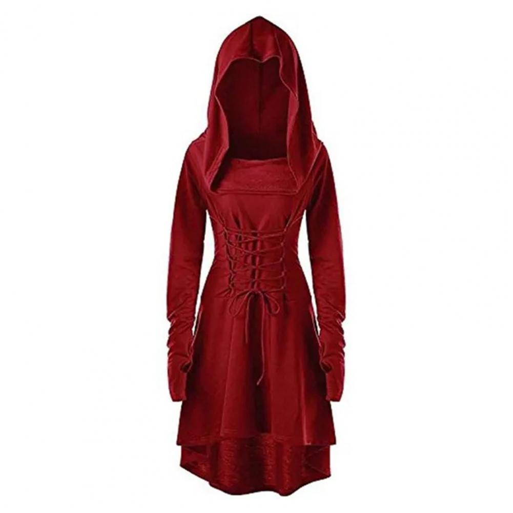 Women Cosplay Dress Gothic Solid Color Lace-up Strap Slim Waist Irregular Hem Hooded Long Sleeves Theme Parties Role-Playing St Practical Use