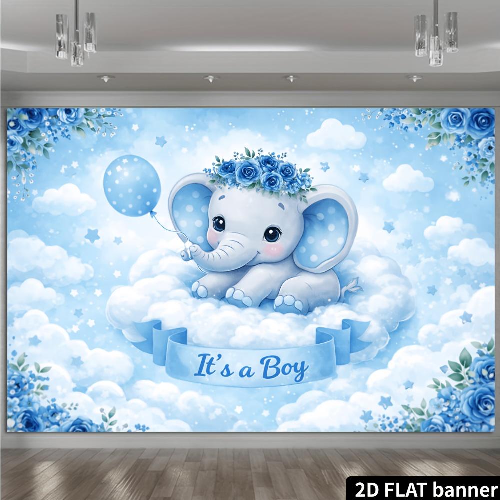 2D Plane Cloud Elephant Theme Background Cloth - Light Blue Dreamy Style Decorated with Balloons Stars and Blue Roses