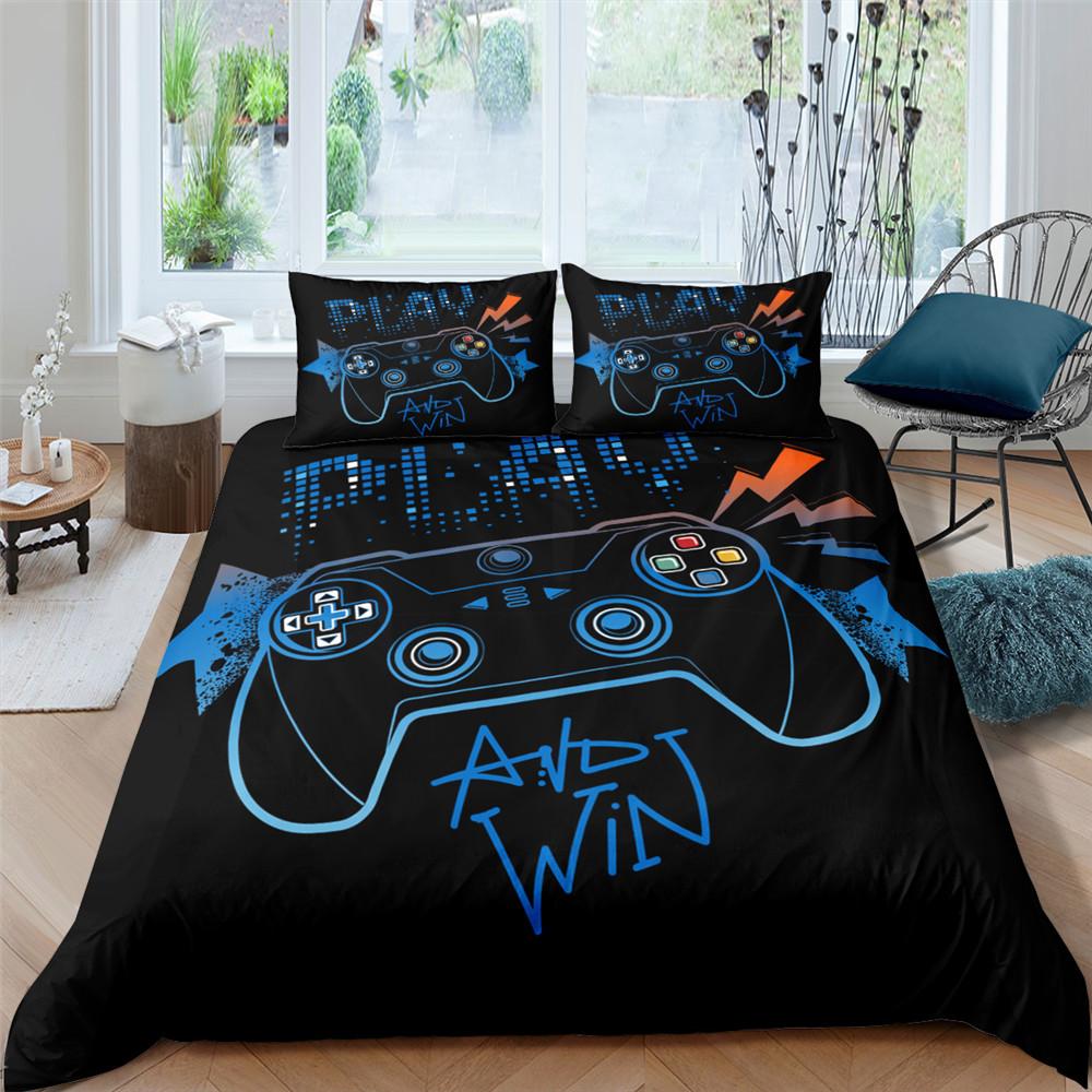 Gamer Duvet Cover Set 3D Print Boys Playroom Black Button With Controller King Queen Size For Boys Teens Polyester Bedding Set