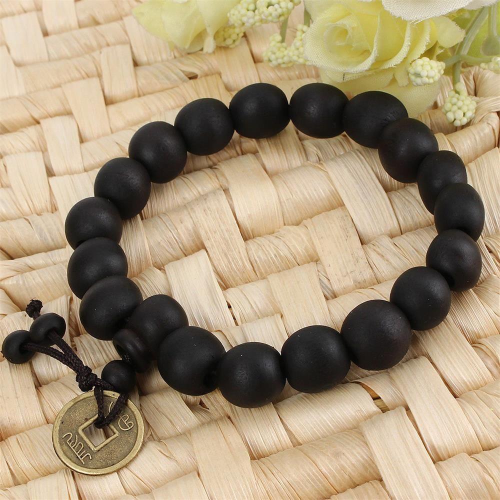 Women Men Religion Lucky Wood Bead Bangle Buddha Bracelet Copper Coin Prayer Beads