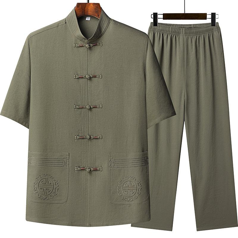 Мужской костюм Тан с короткими рукавами, летний тонкий костюм из хлопка и льна, двухкомпонентный летний костюм