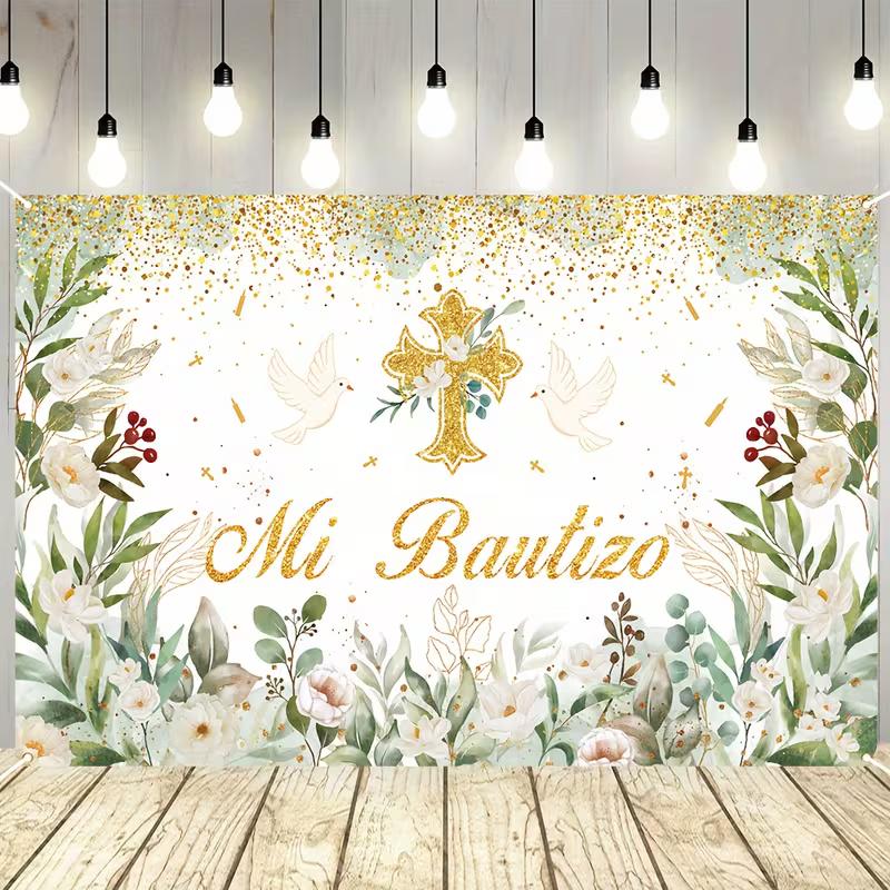 2D Watercolor Floral Baptism Banner, Gold Cross & "Mi Bautizo" Backdrop, Christening Party Decor