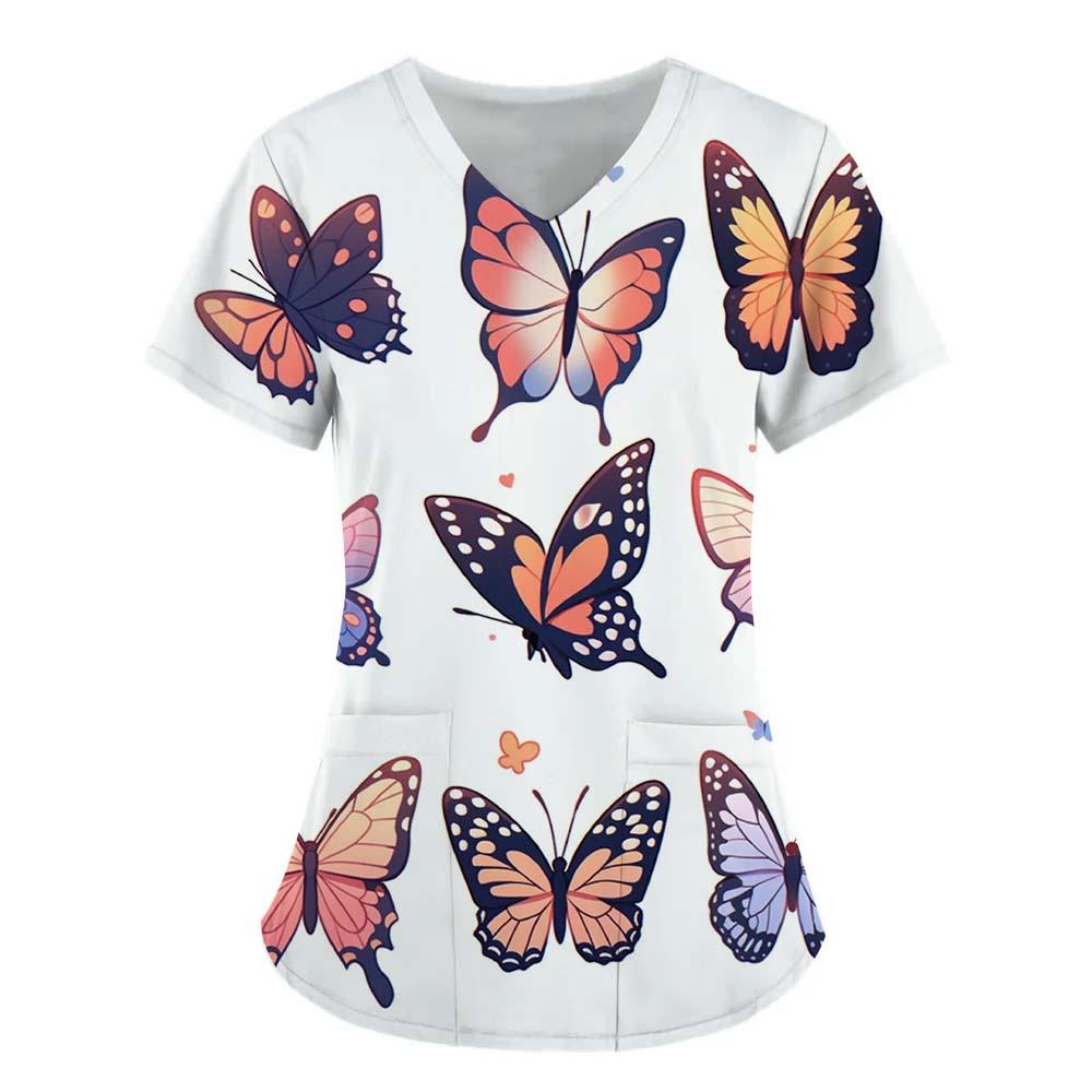 Women's T-shirt V-neck Nurse Uniform Commuting Comfortable Short Sleeved Butterfly Printed T-shirt for Women