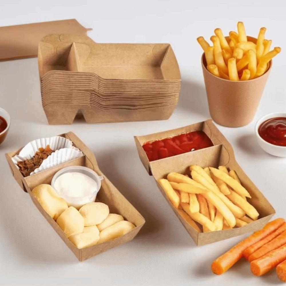 50Pcs Eco-Friendly Snack Fries Plate Two Grids Kraft Paper Snack Box Compartment Boat Tray BBQ